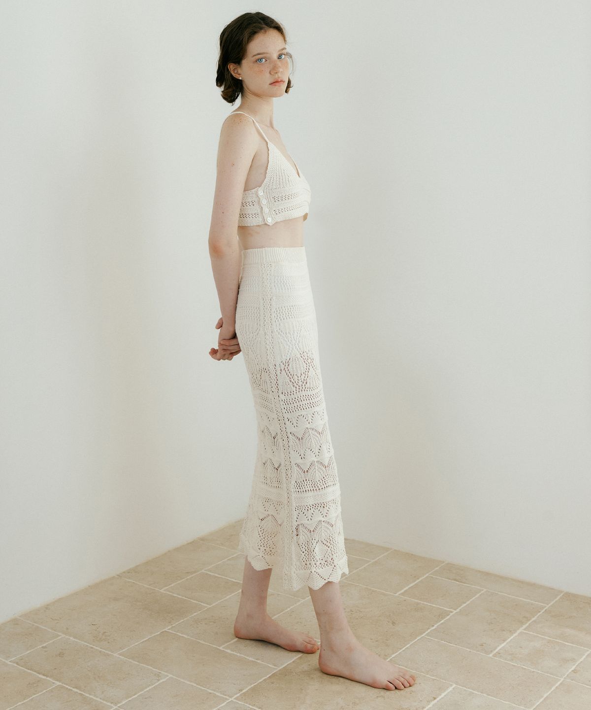 루시르주(LUCIR ZU) Weave Crochet Two-piece (Top & Skirt) (cream)