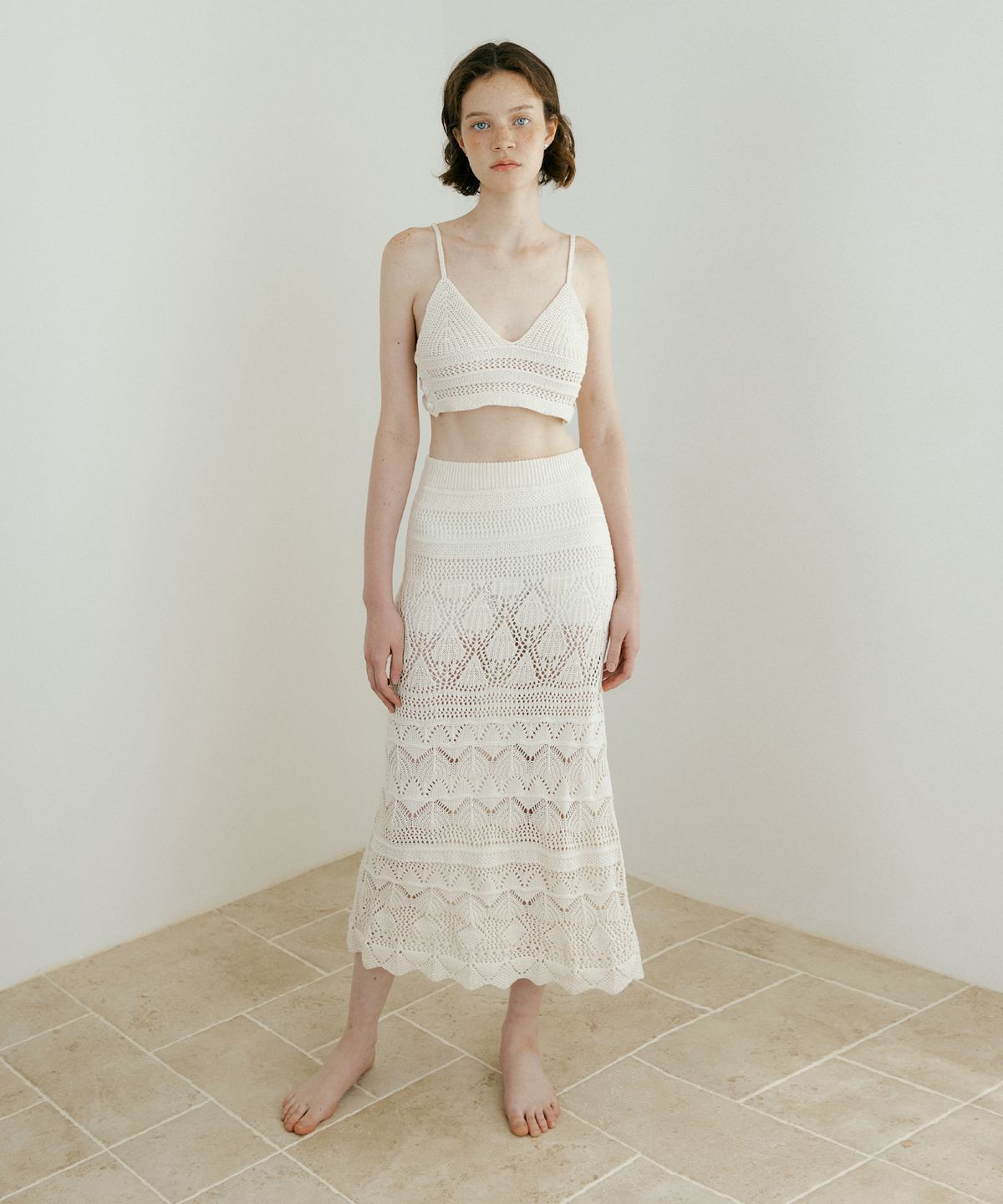 루시르주(LUCIR ZU) Weave Crochet Two-piece (Top & Skirt) (cream)