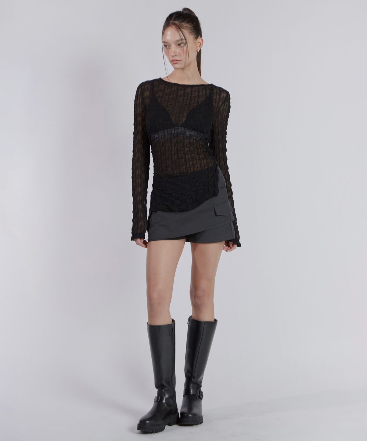 진주유즈(JINJUSE) MINI POCKET UNBALANCE SKIRT[CHACOAL]