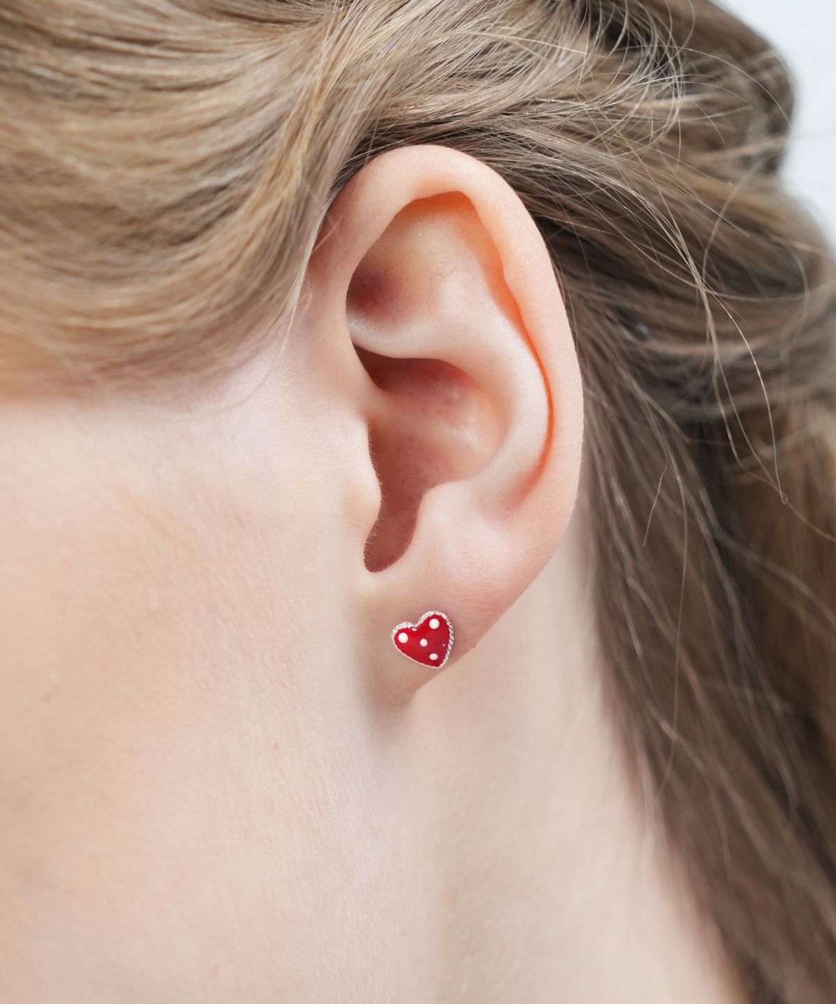 봉보(BONBEAU) Dotting red heart silver pin Earrings 은침 실버925 도트 레드 하트 귀걸이