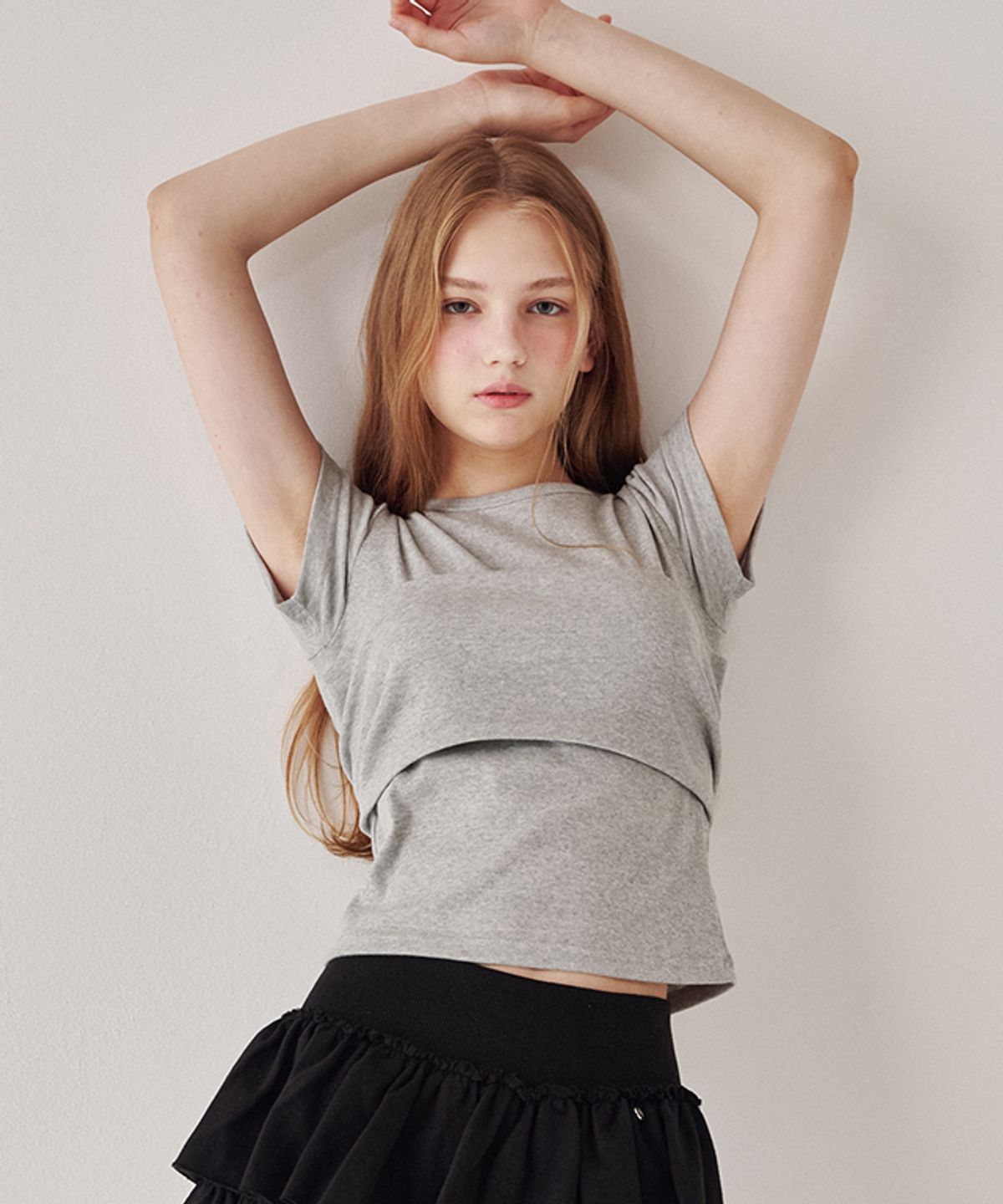 론론(RONRON) KNOT BUSTIER 2 WAY SHORT SLEEVE T SHIRT GREY