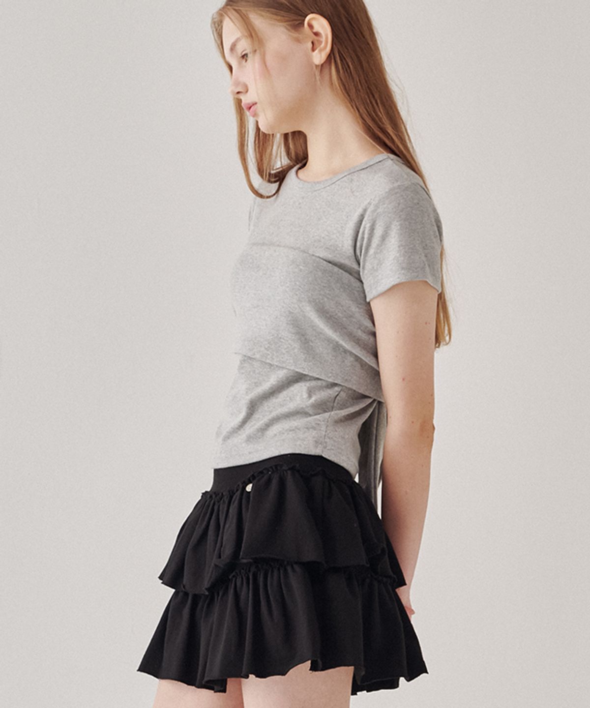 론론(RONRON) KNOT BUSTIER 2 WAY SHORT SLEEVE T SHIRT GREY