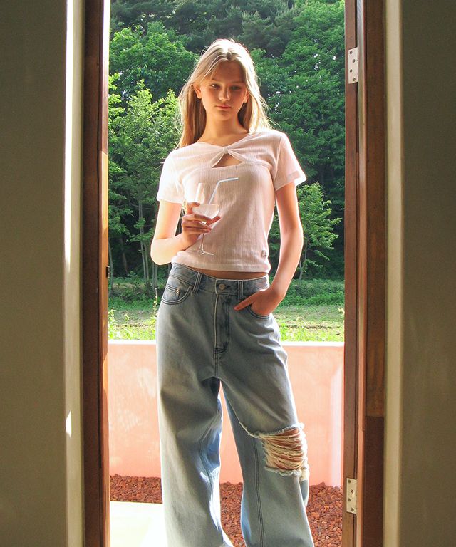 人気Tシャツ【Ronron】KNOT RIBBON SLIT HALF T SHIRT EYELET MUSINSA公式 | RONRON KNOT RIBBON SLIT HALF T SHIRT EYELET GREY