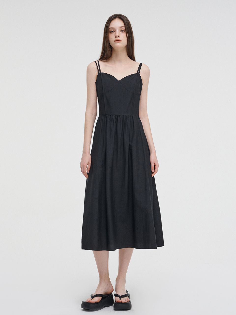 MUSINSA | ETMON Slip Pintuck Double Strap Dress Black