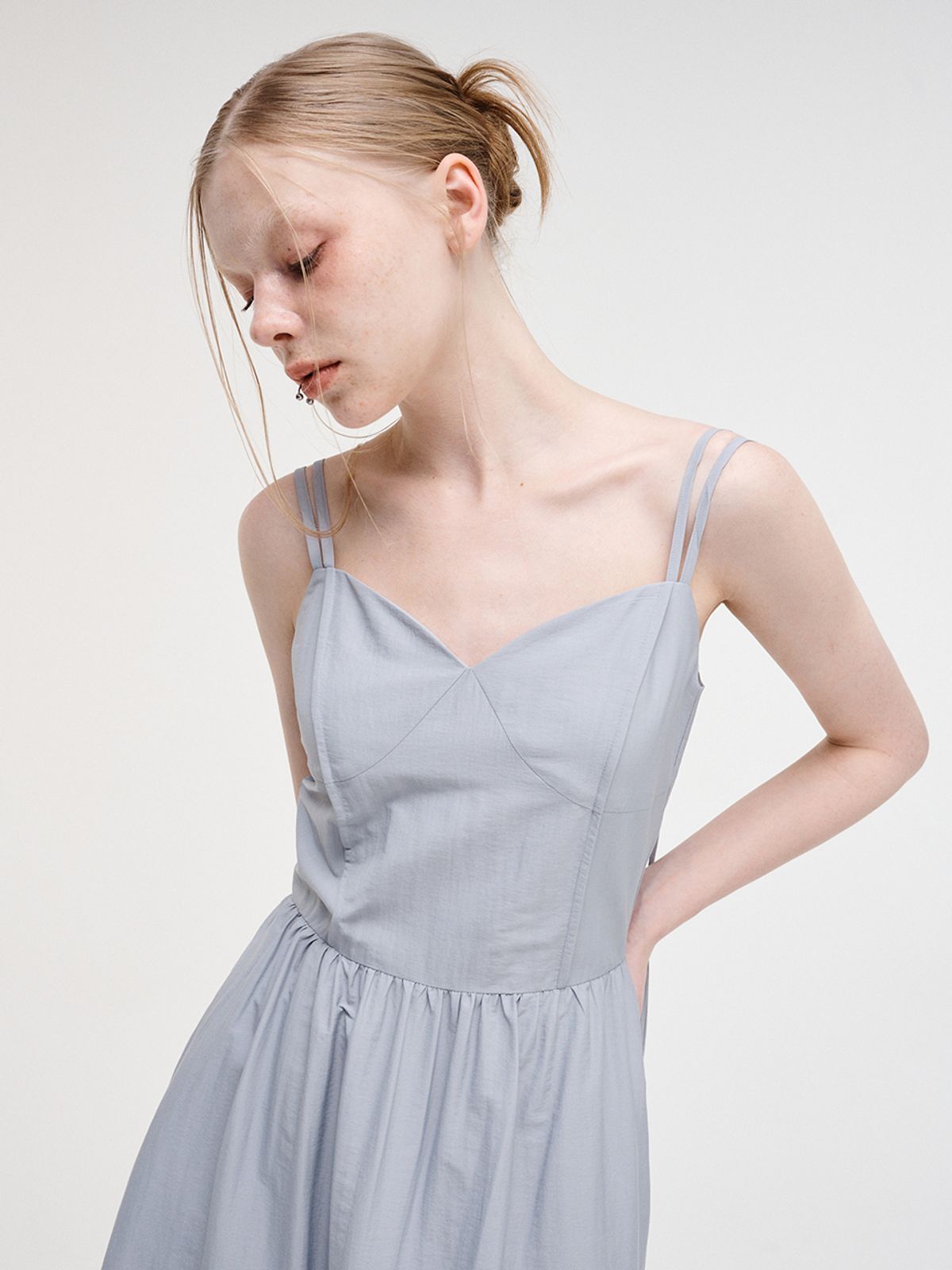 에트몽(ETMON) Slip Pintuck Double Strap Dress Sky Blue