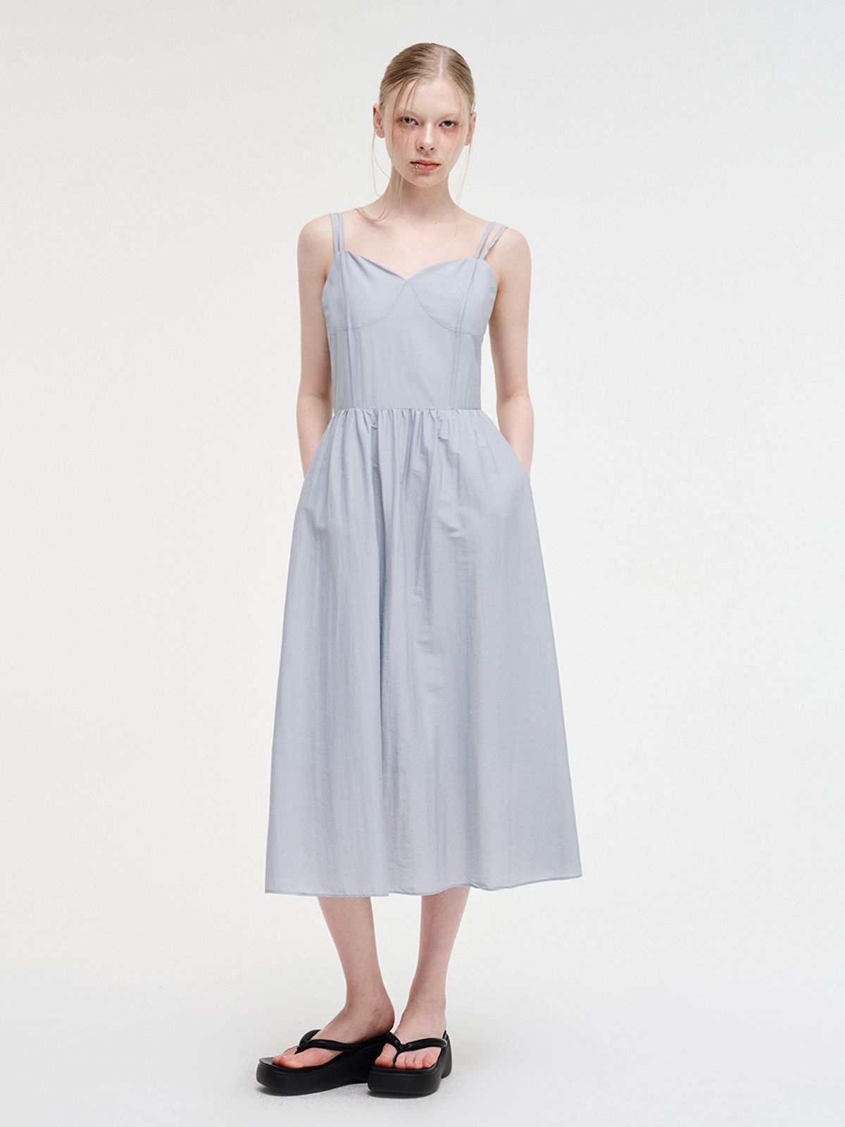 에트몽(ETMON) Slip Pintuck Double Strap Dress Sky Blue