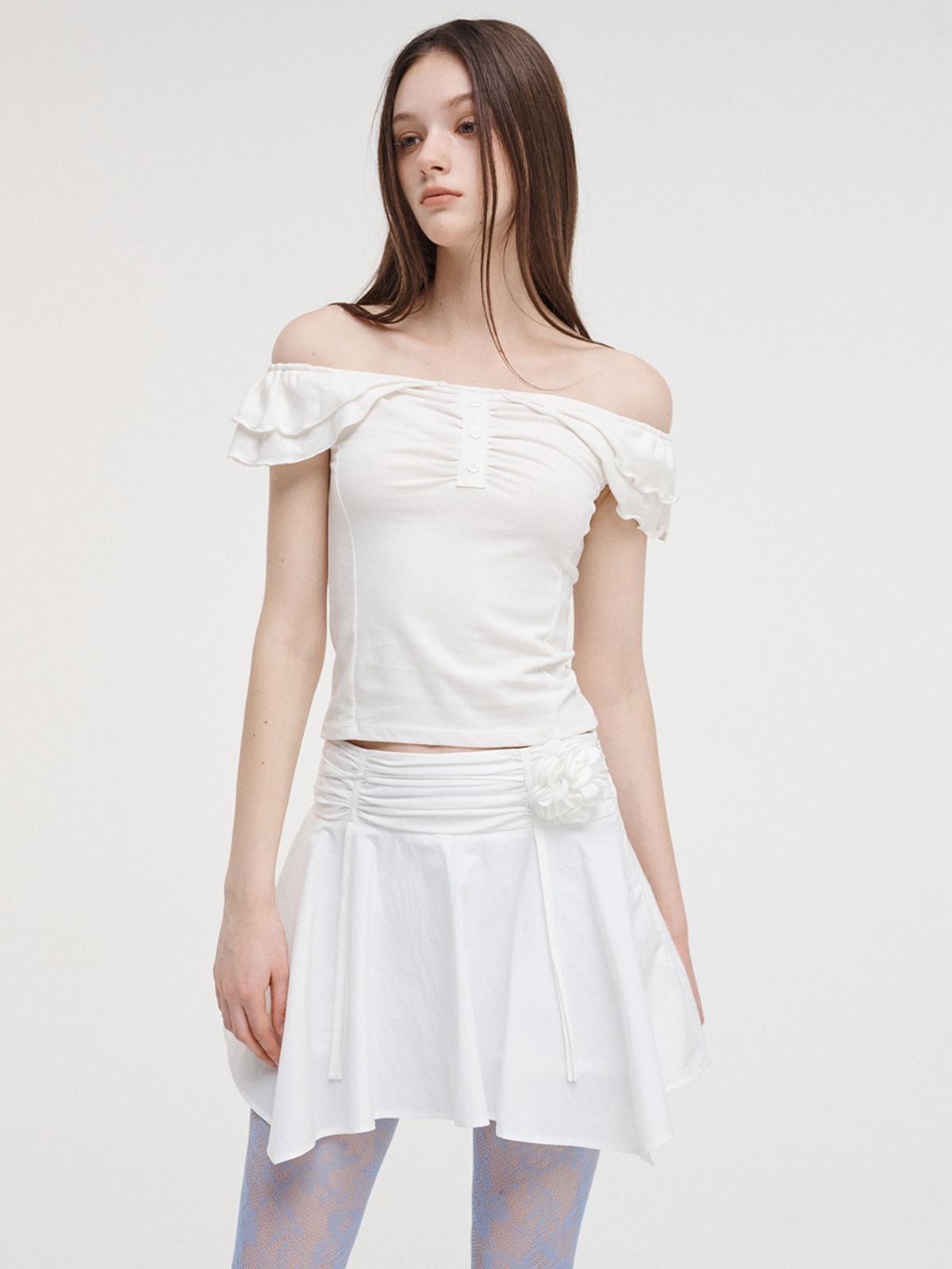 에트몽(ETMON) Strap Shirring Mini Skirt White