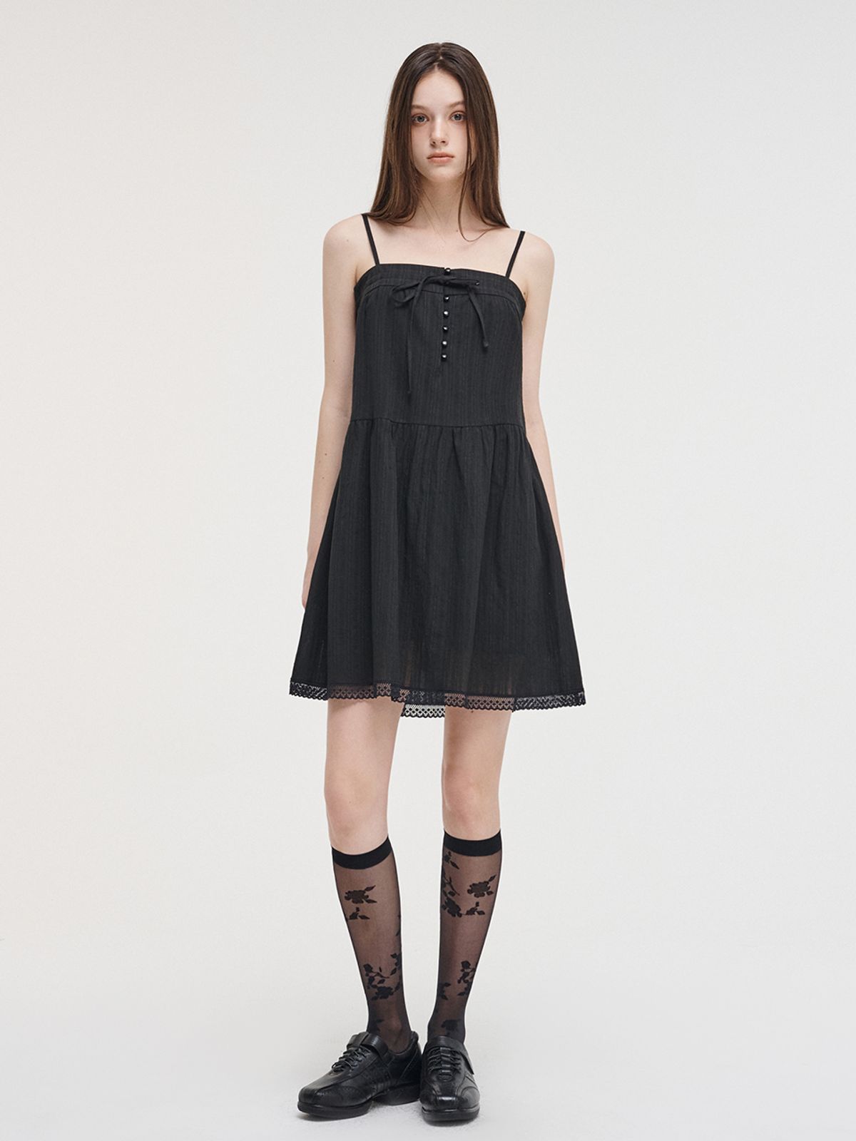 에트몽(ETMON) Slip Button Lace Mini Dress Black