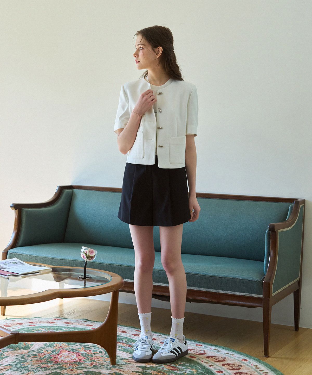 드로우핏 우먼(DRAWFIT WOMEN) 시니 트위드 반팔 자켓 [LIGHT PINK]