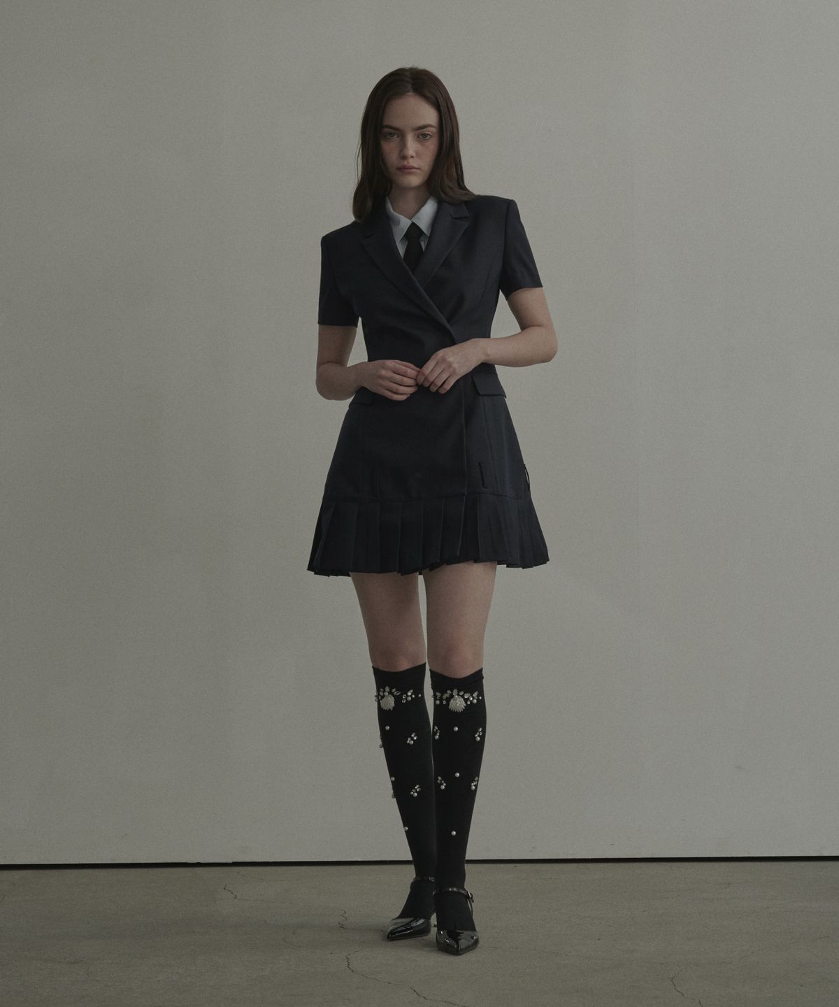 마우솔레움(MAU SOLEUM) Jenn Pleated Half-Sleeve Suit Jacket Dress - Navy