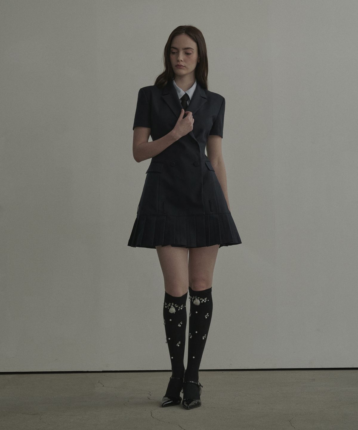 마우솔레움(MAU SOLEUM) Jenn Pleated Half-Sleeve Suit Jacket Dress - Navy