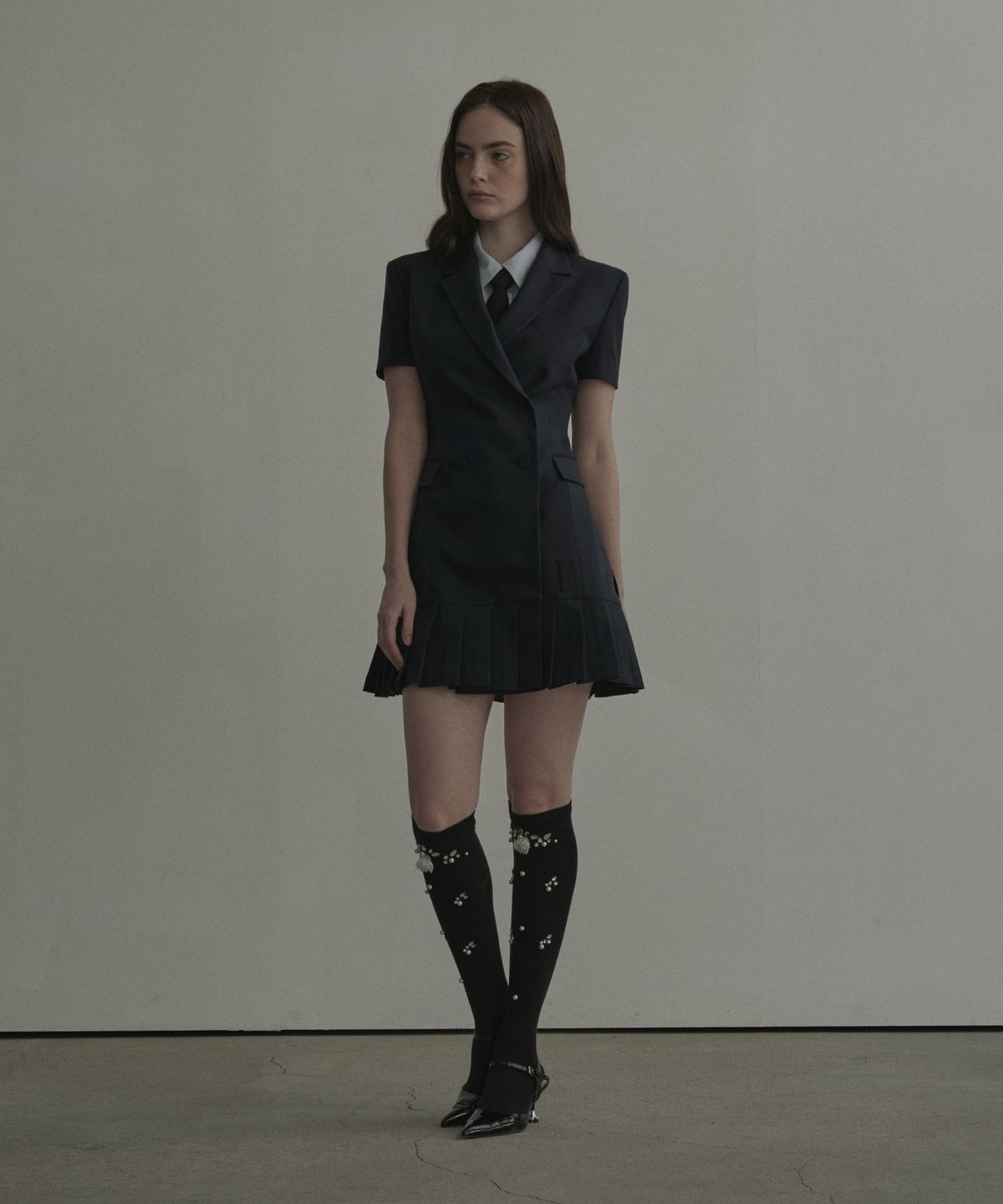마우솔레움(MAU SOLEUM) Jenn Pleated Half-Sleeve Suit Jacket Dress - Navy