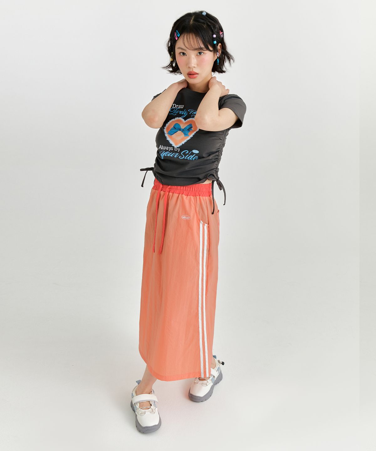 아도르벨르(ADOREBELLE) 배색 라인 스커트 - 오렌지