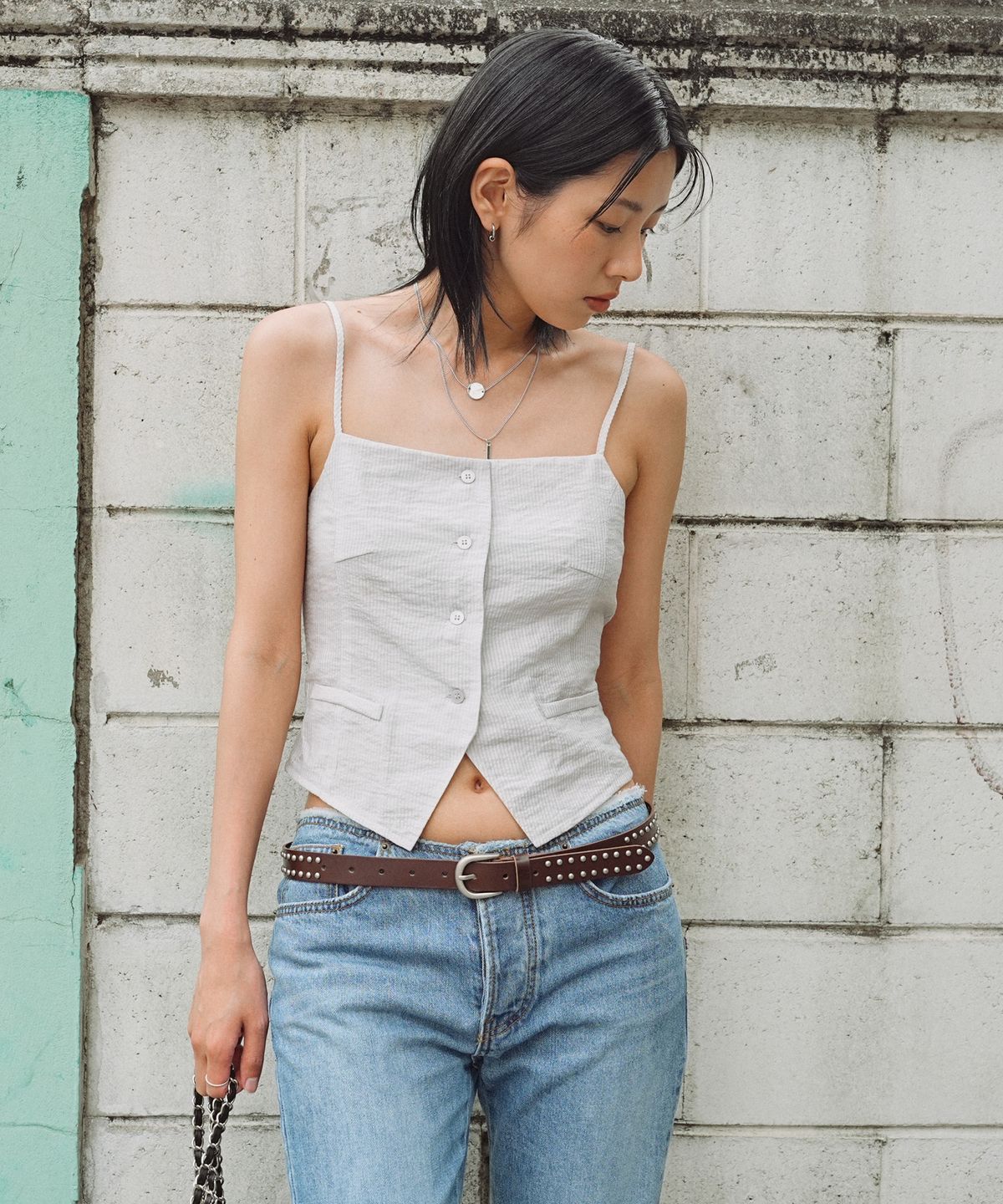 큐리티(CURETTY) C STRIPE BUTTON BUSTIER_GREY