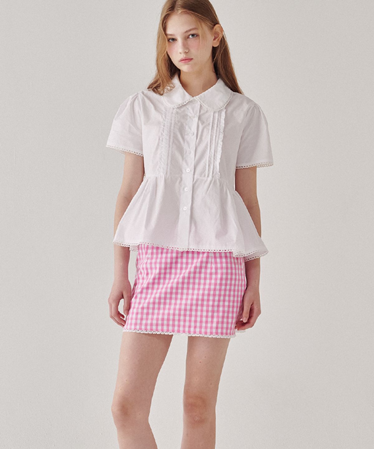 론론(RONRON) TORCHON LACE CHECK MINI SKIRT PINK