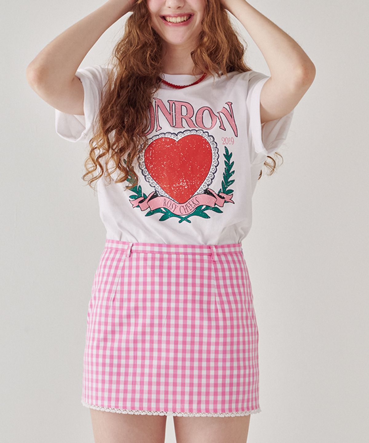 론론(RONRON) TORCHON LACE CHECK MINI SKIRT PINK