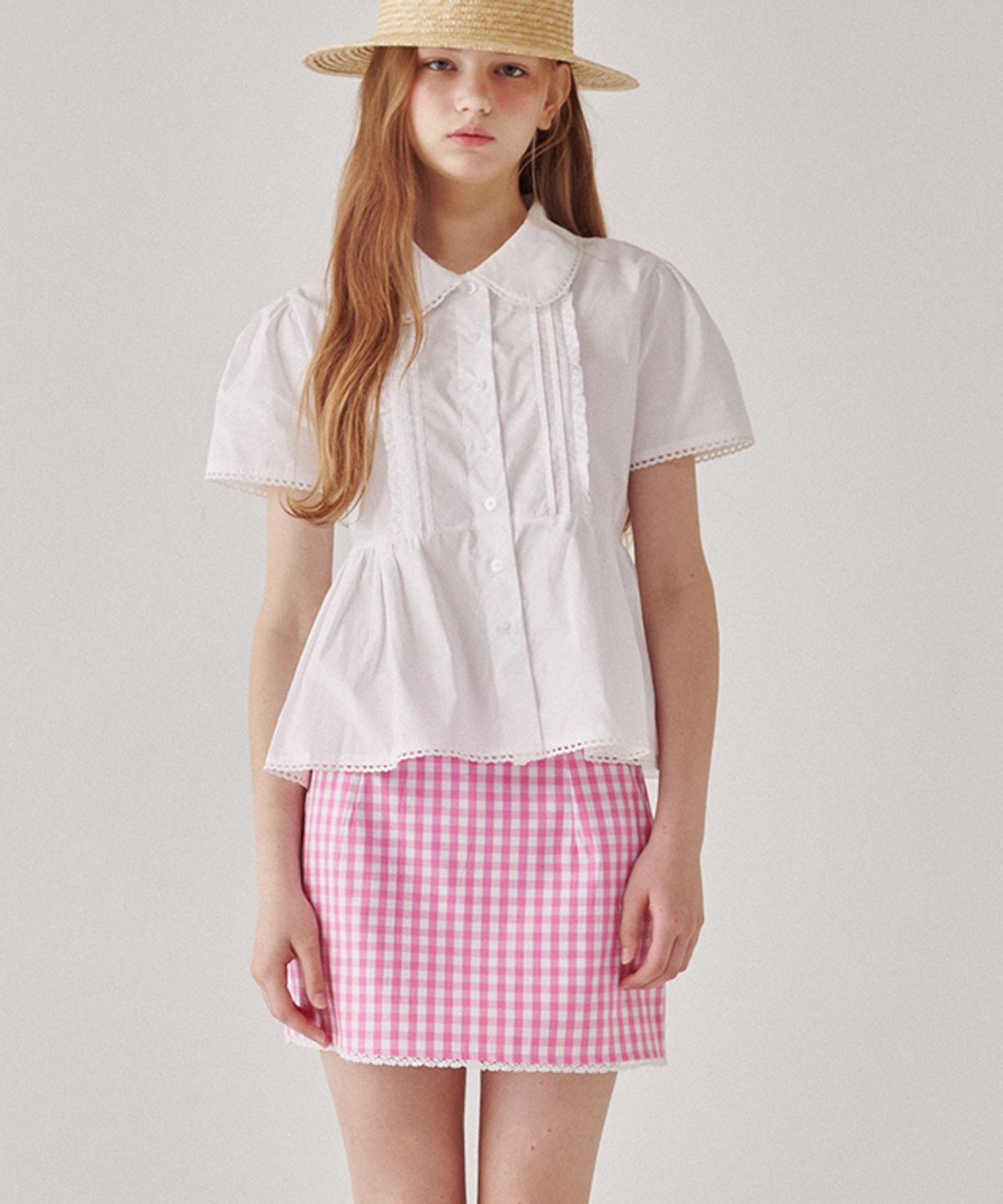 론론(RONRON) TORCHON LACE CHECK MINI SKIRT PINK