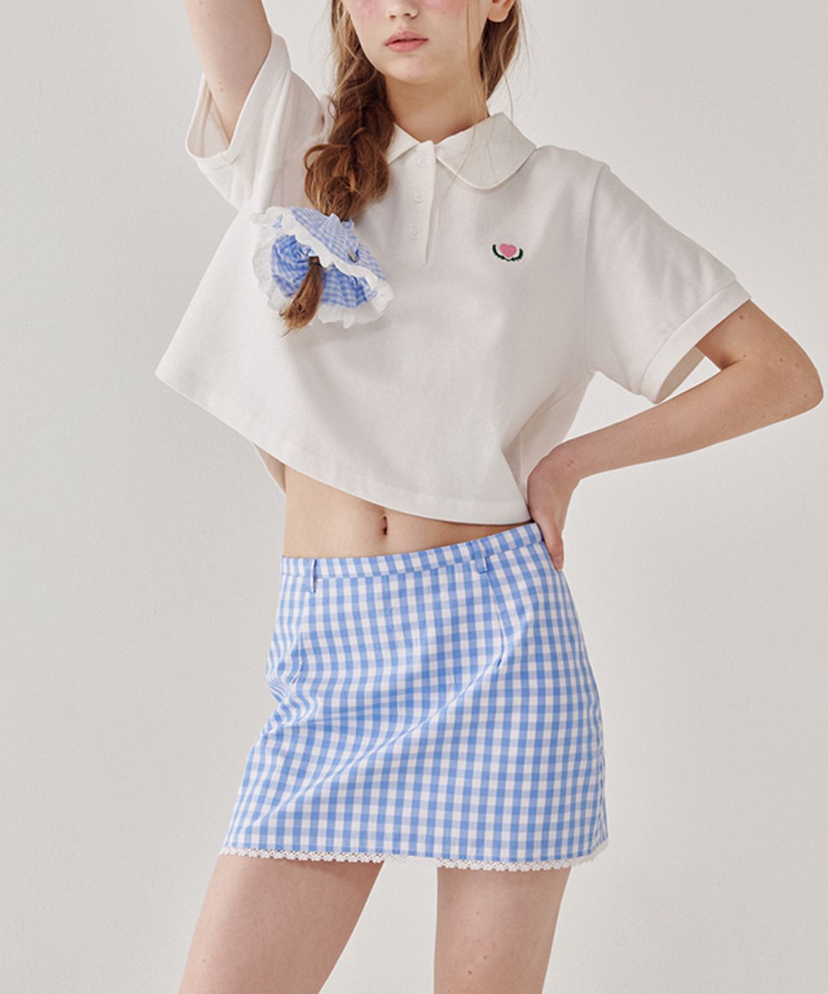 론론(RONRON) TORCHON LACE CHECK MINI SKIRT SOFT BLUE