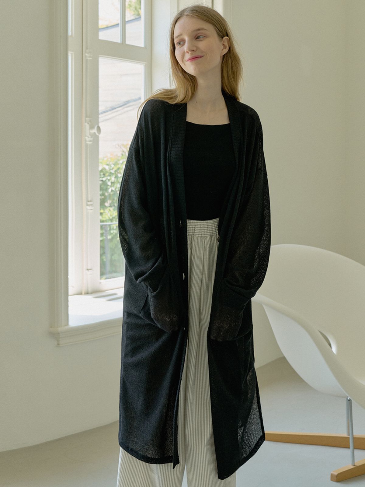 아방(AVANT-G) Linen Long Knit Cardigan - BLACK