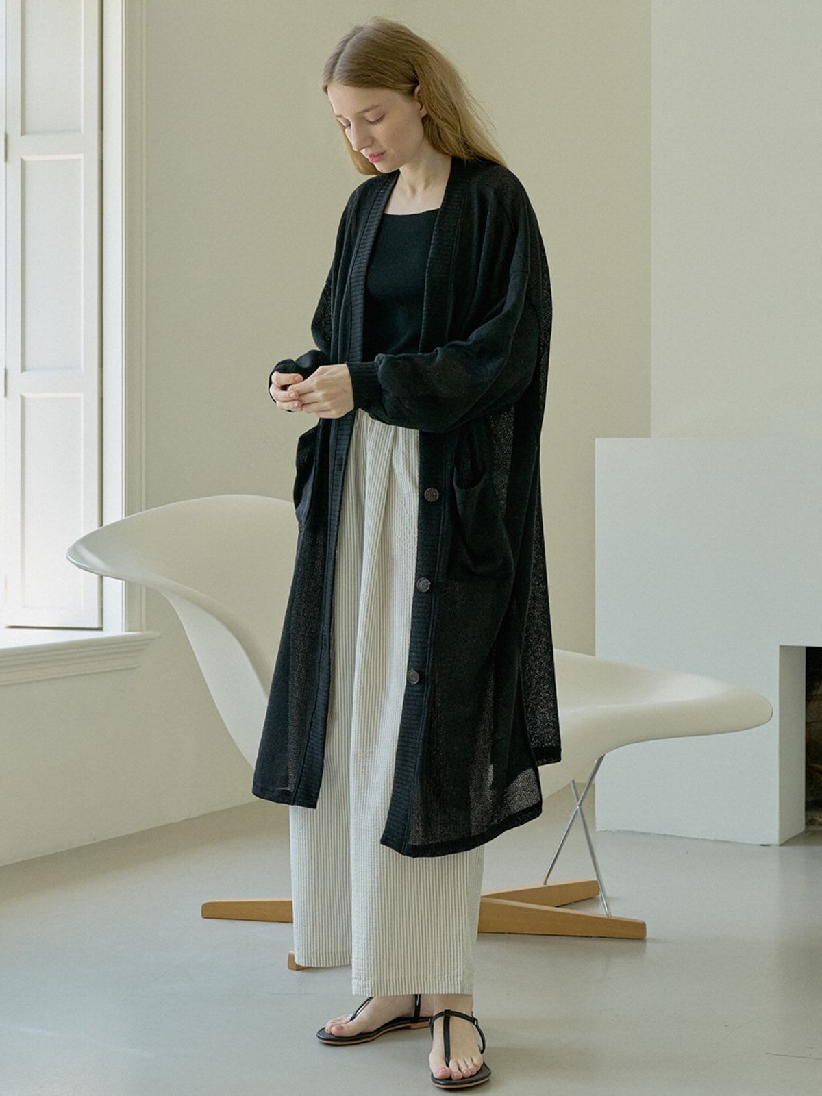아방(AVANT-G) Linen Long Knit Cardigan - BLACK