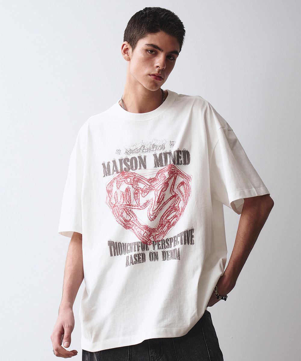 シャツ DOODLE HEART HALF T WHITE SKY MAISON MINED(メゾンミネド) - ドゥードルハート半袖Tシャツ
