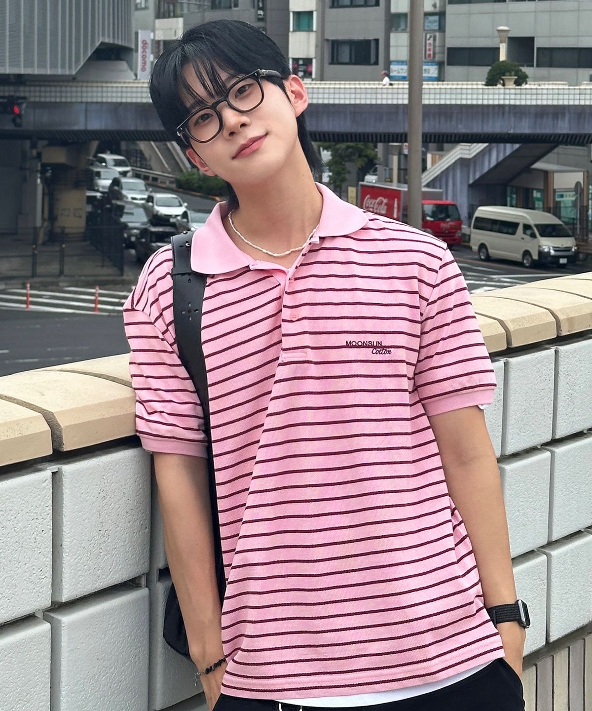 문선(MOONSUN) MJ S2 01 M.C UNISEX, Stripe PK Half Shirt / Pink