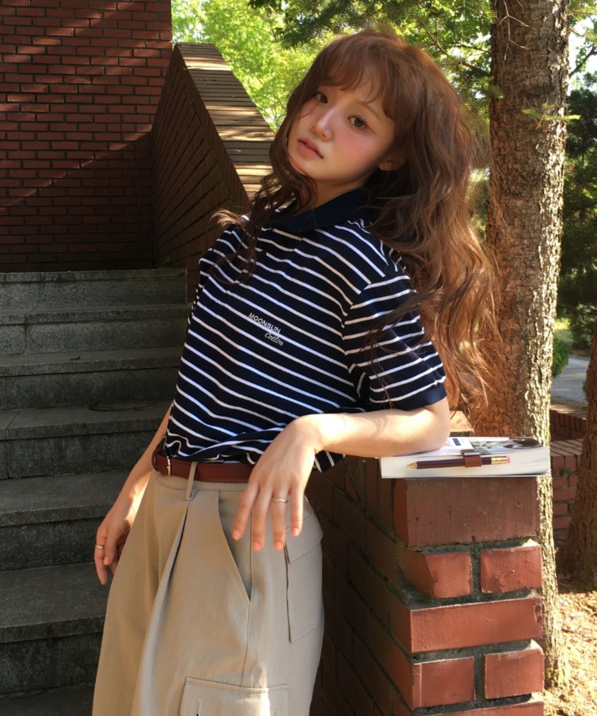 문선(MOONSUN) 01 M.C UNISEX, Stripe PK Half Shirt / Navy