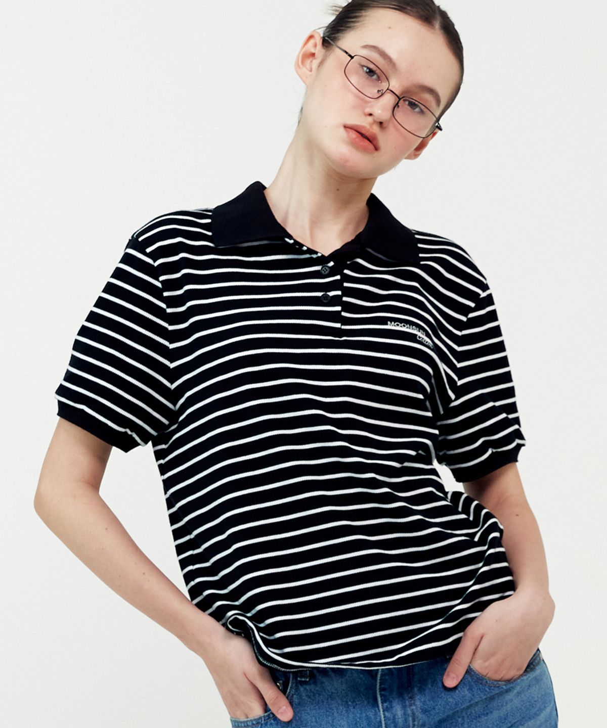 문선(MOONSUN) 01 M.C UNISEX, Stripe PK Half Shirt / Black