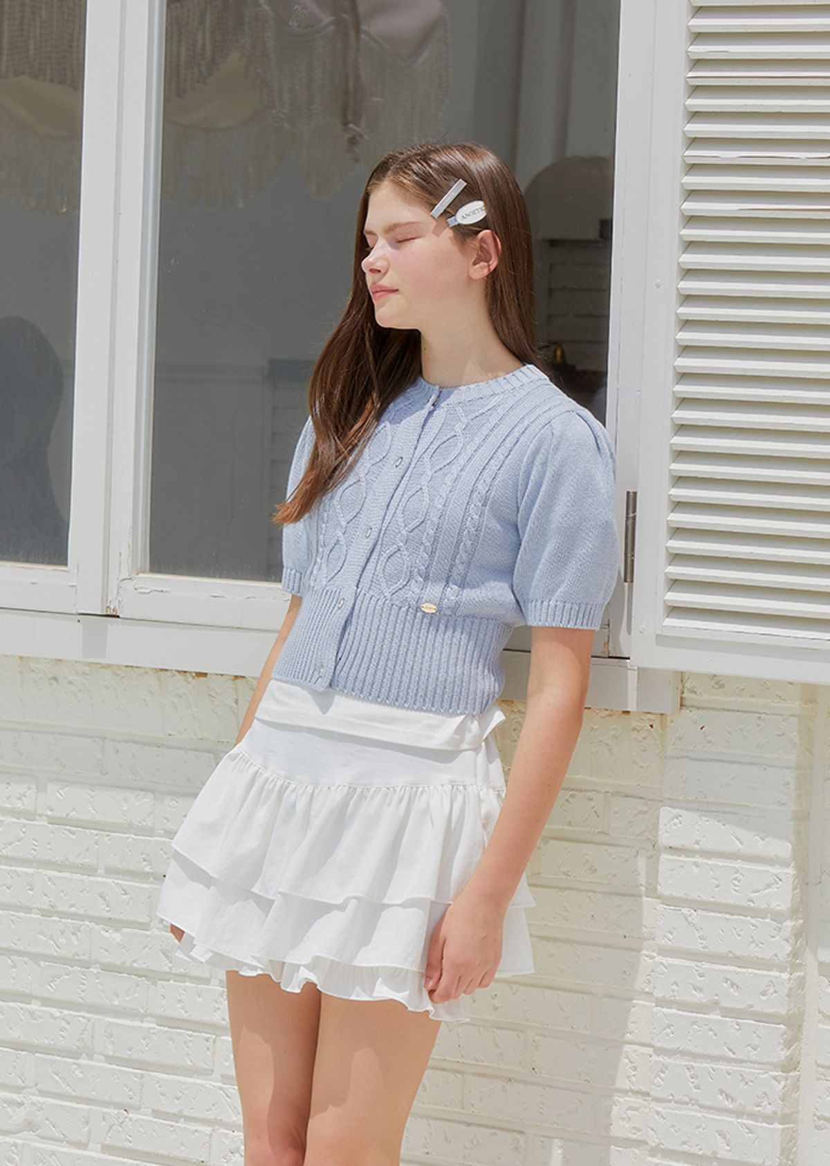 아노에틱(ANOETIC) CABLE HALF SLEEVE CARDIGAN_SKY BLUE