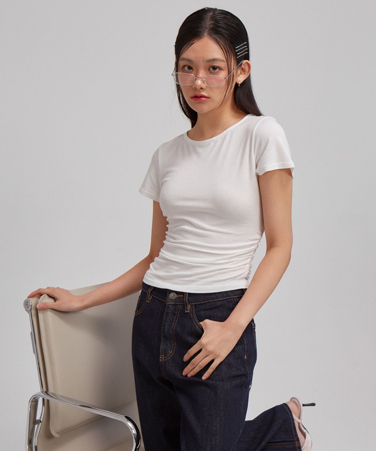 살롱 드 욘(SALON DE YOHN) Basic Shirring Short Sleeve T_ White