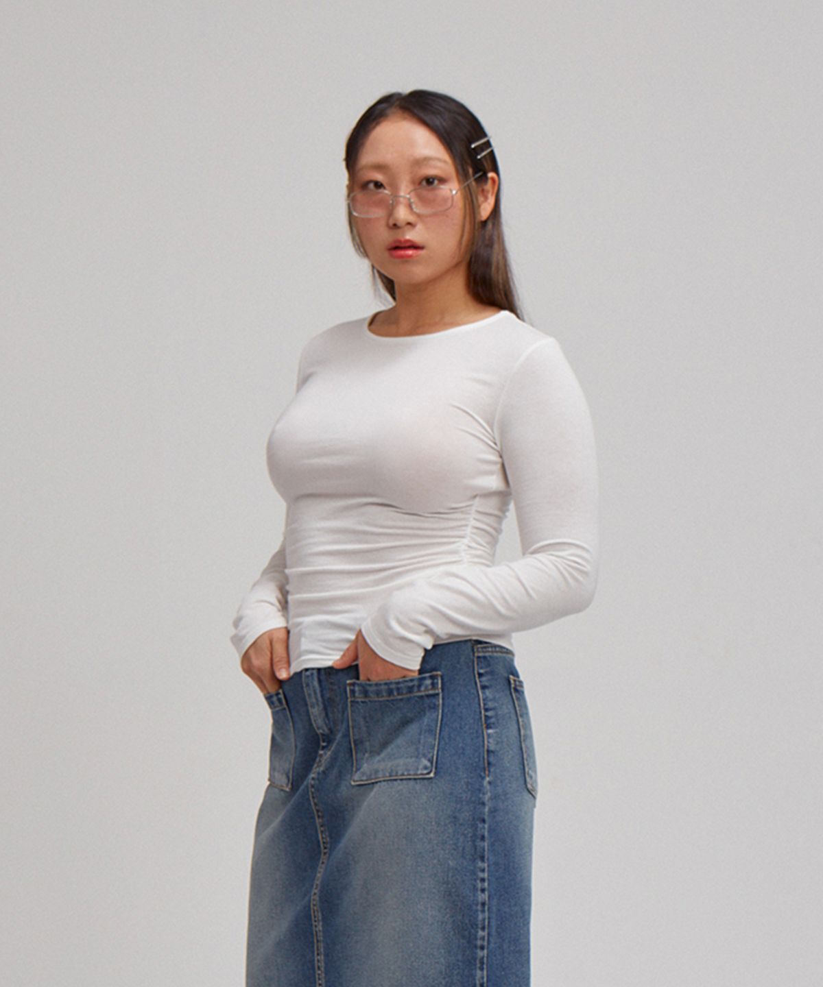 살롱 드 욘(SALON DE YOHN) Basic Shirring Long Sleeve T_ White