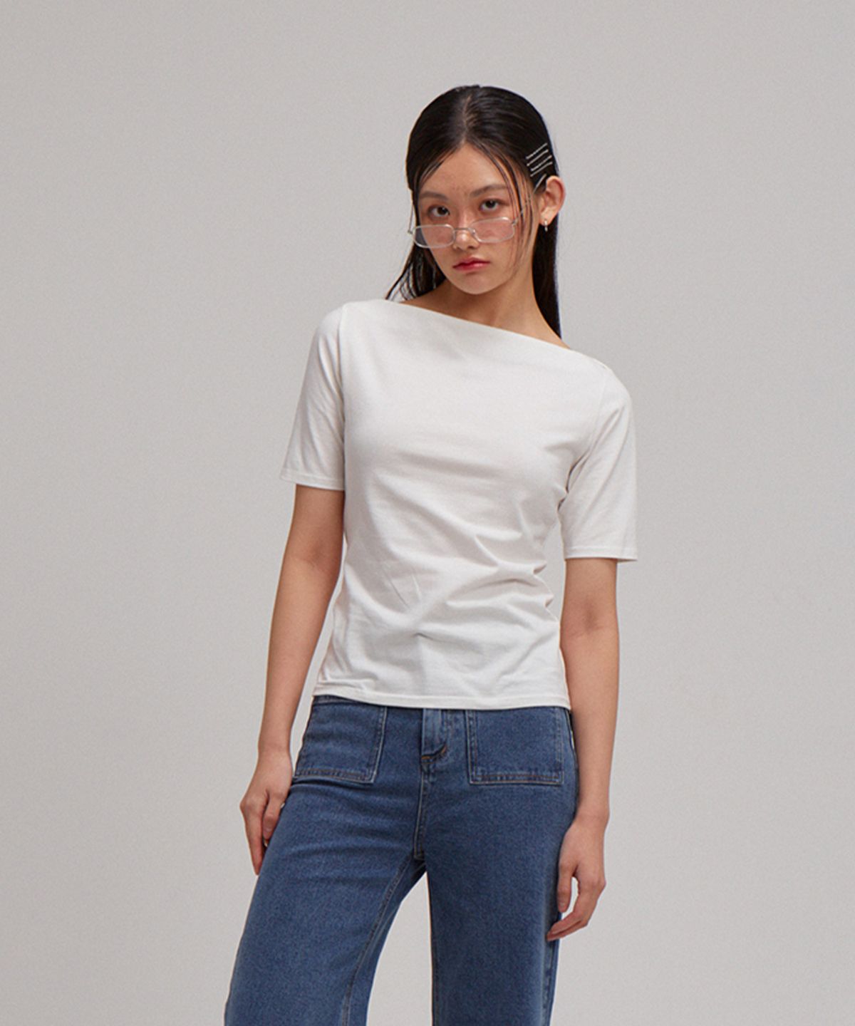 살롱 드 욘(SALON DE YOHN) Boat Neck Short Sleeve T_ White