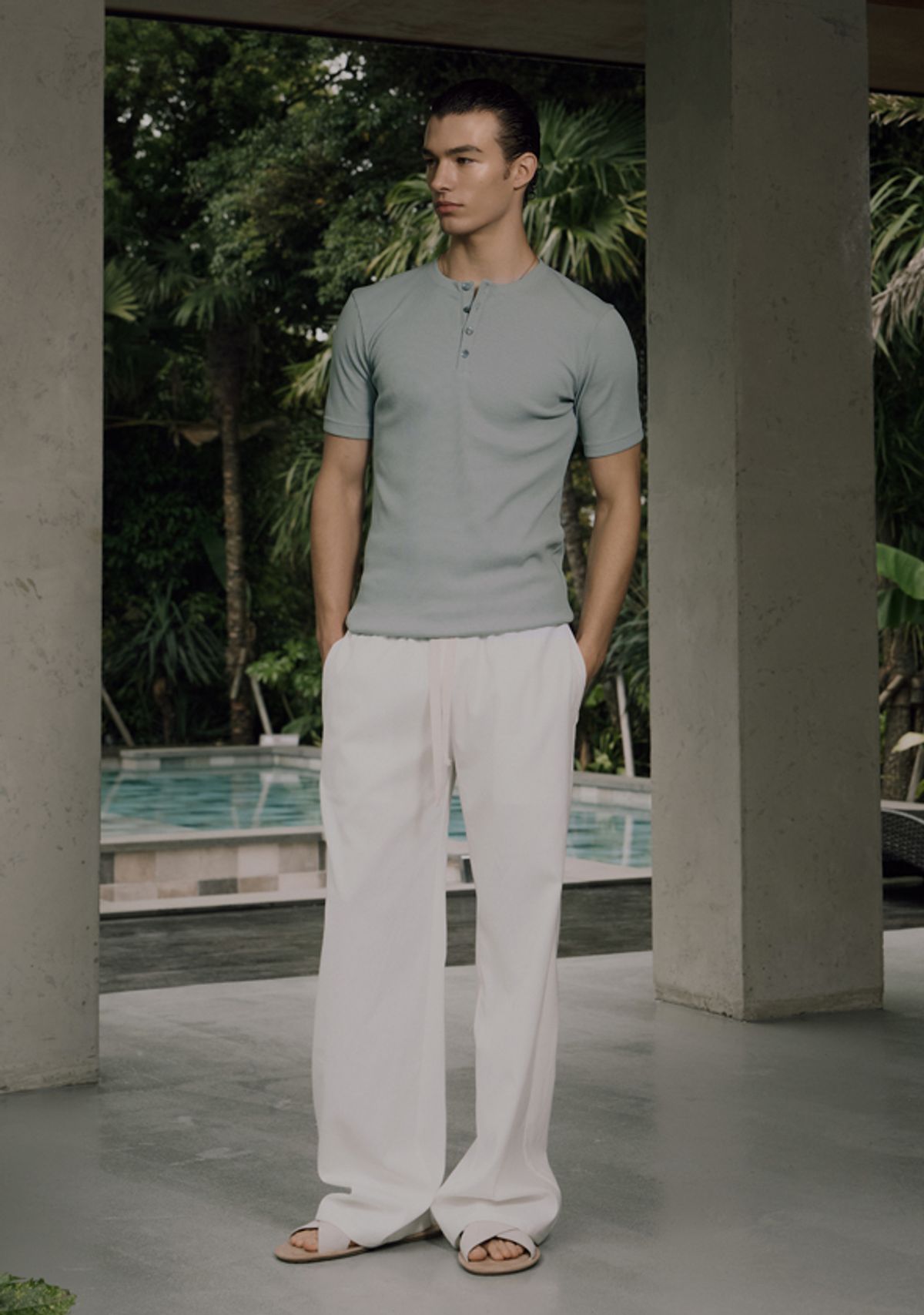 세비지(SAVAGE) Henley Neck Jersey Half Sleeve - Sage Green