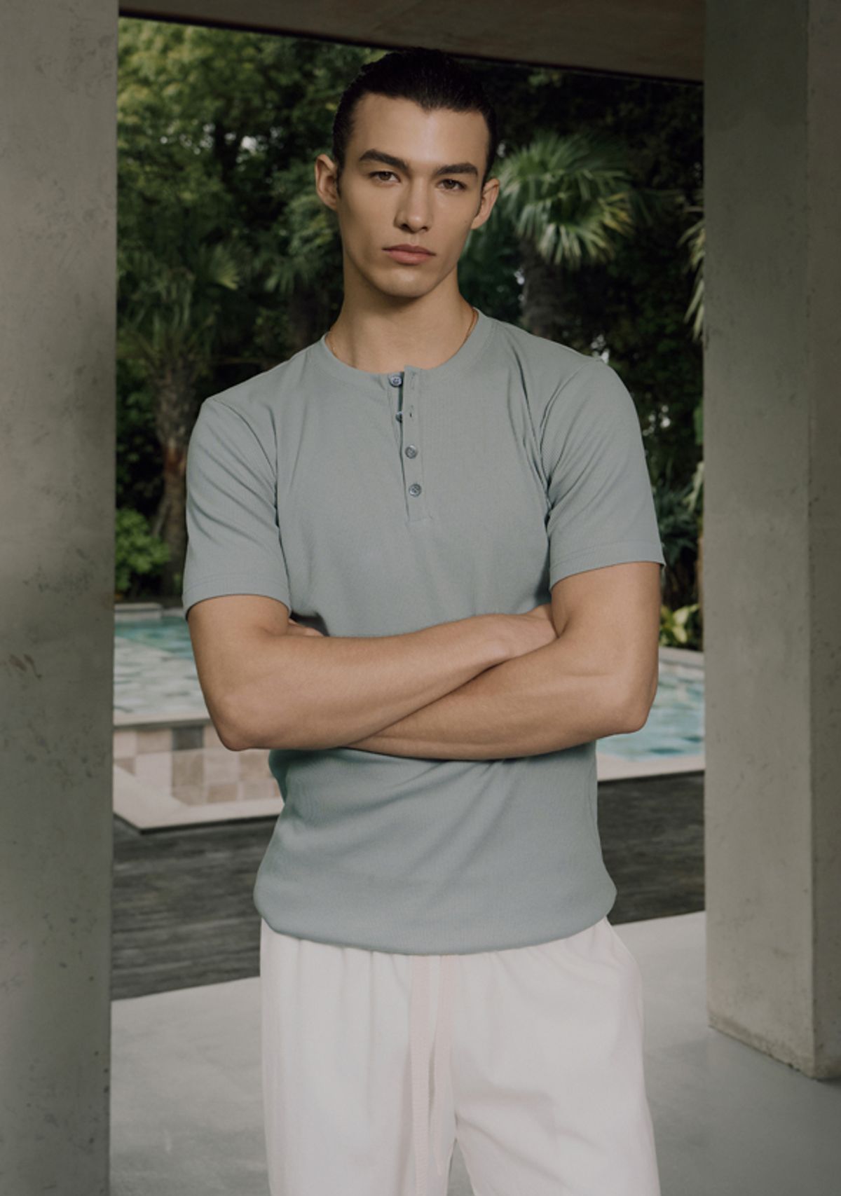 세비지(SAVAGE) Henley Neck Jersey Half Sleeve - Sage Green