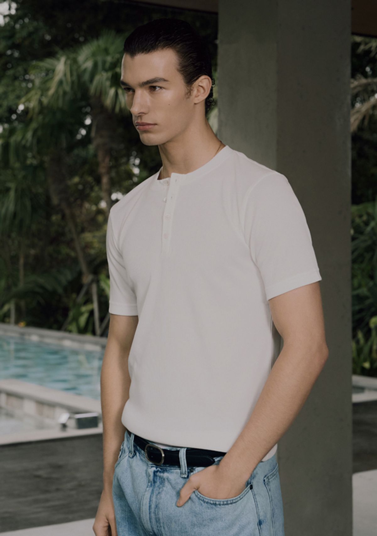 세비지(SAVAGE) Henley Neck Jersey Half Sleeve - White