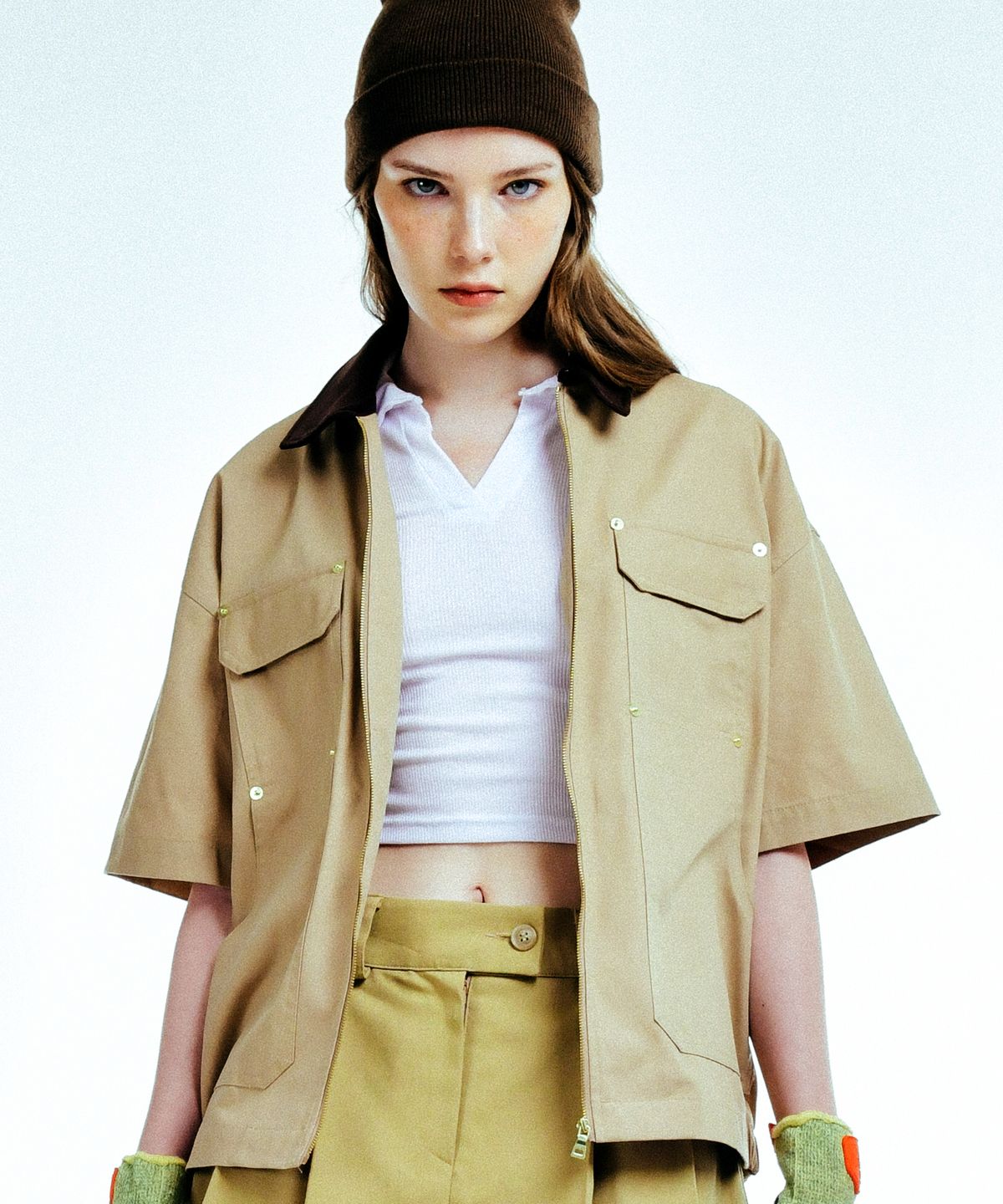 씨오엠이(COME) [UNISEX] C.O.M.E Mechanic Short Sleeve Work Jacket (Camel)