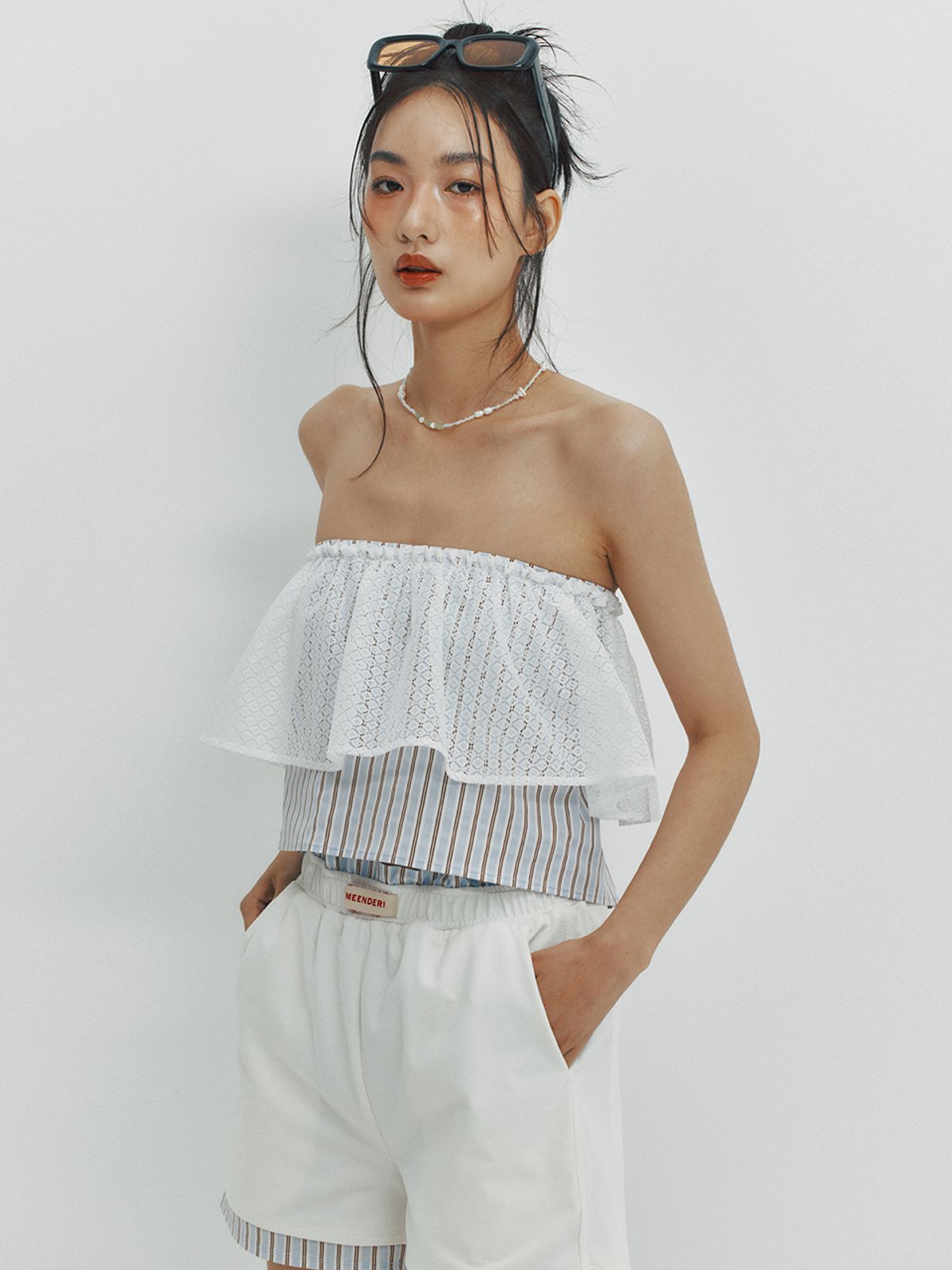 민더리(MEENDERI) STRIPE LAYERED SHORTS - SKY BLUE