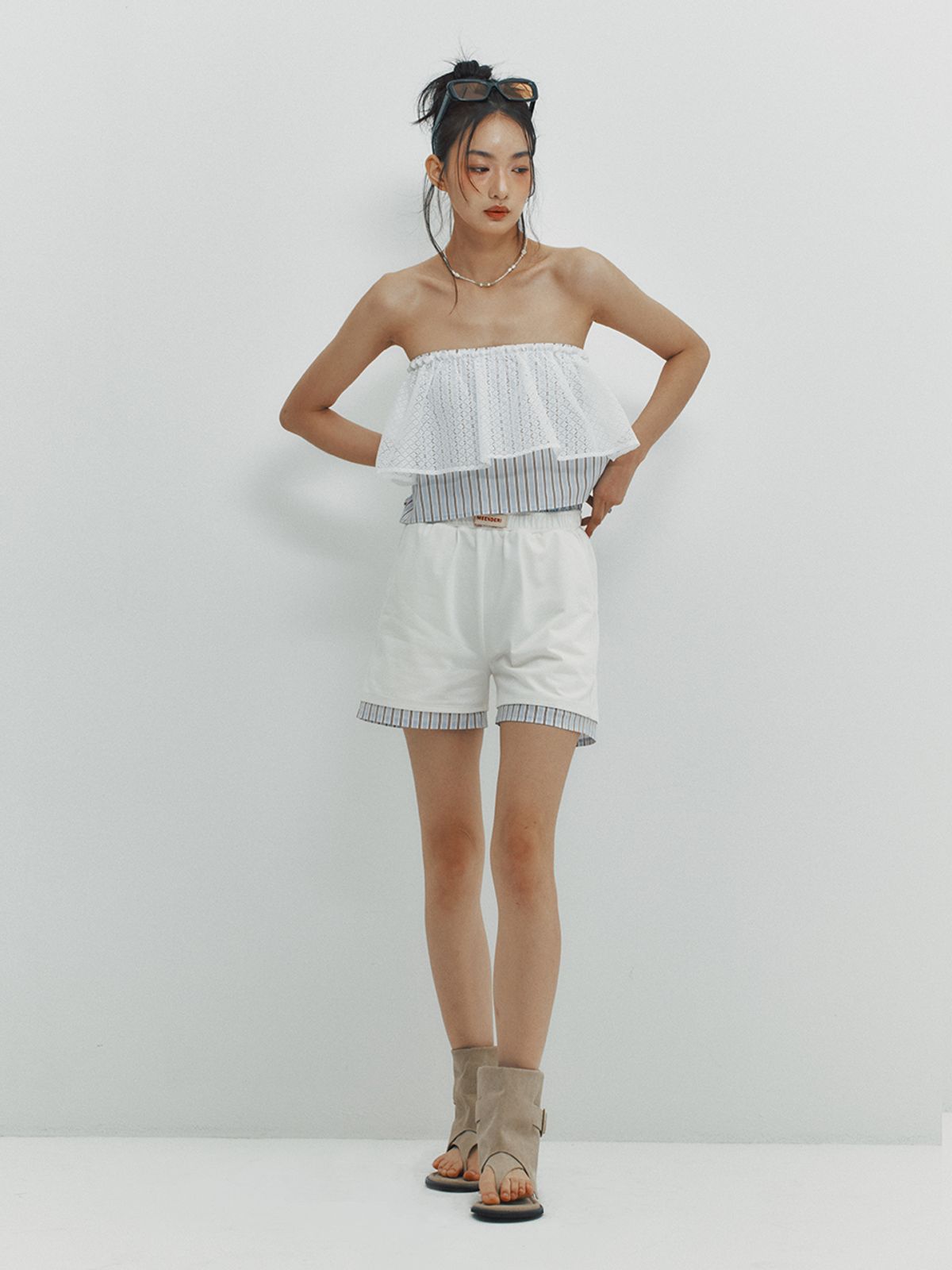 민더리(MEENDERI) STRIPE LAYERED SHORTS - SKY BLUE