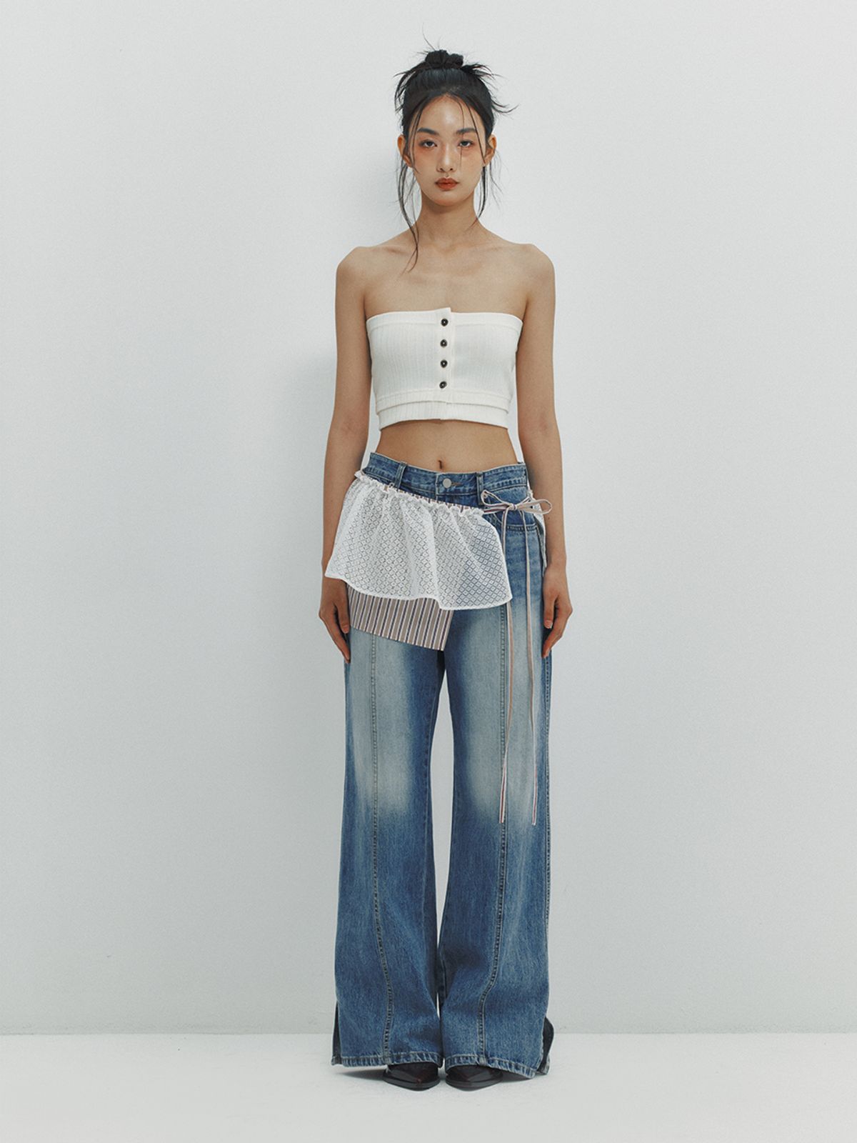 민더리(MEENDERI) RIBBED BUTTON TUBE TOP - IVORY