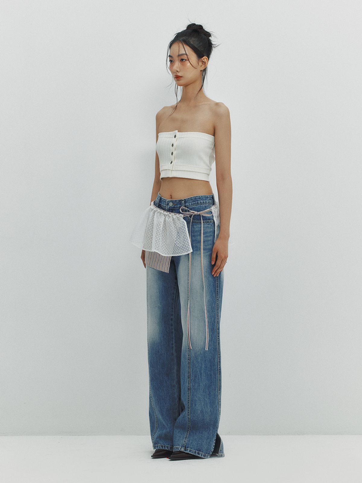 민더리(MEENDERI) RIBBED BUTTON TUBE TOP - IVORY