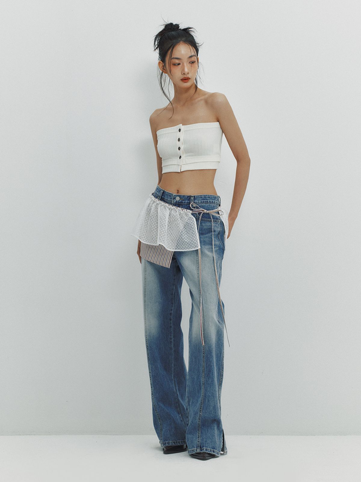 민더리(MEENDERI) RIBBED BUTTON TUBE TOP - IVORY