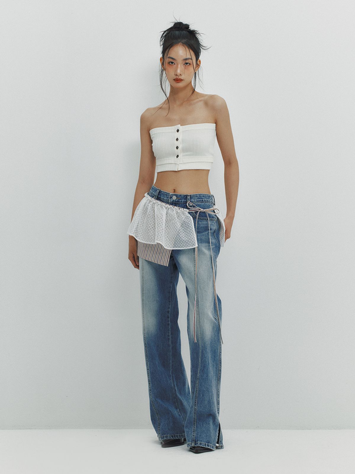 민더리(MEENDERI) RIBBED BUTTON TUBE TOP - IVORY