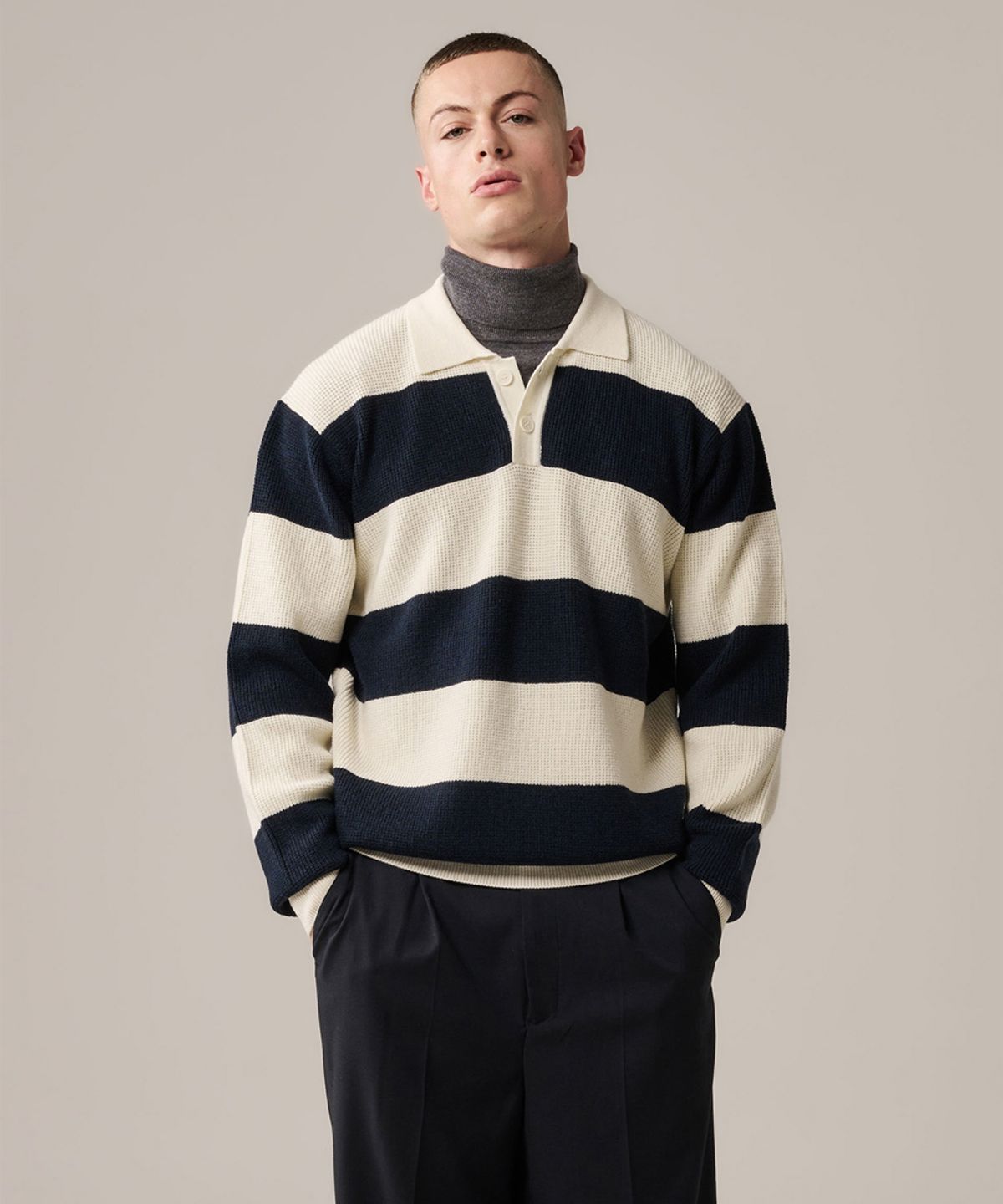 야이치(YAITCH) Striped Merino Wool Waffle Rugby - Golden Blue