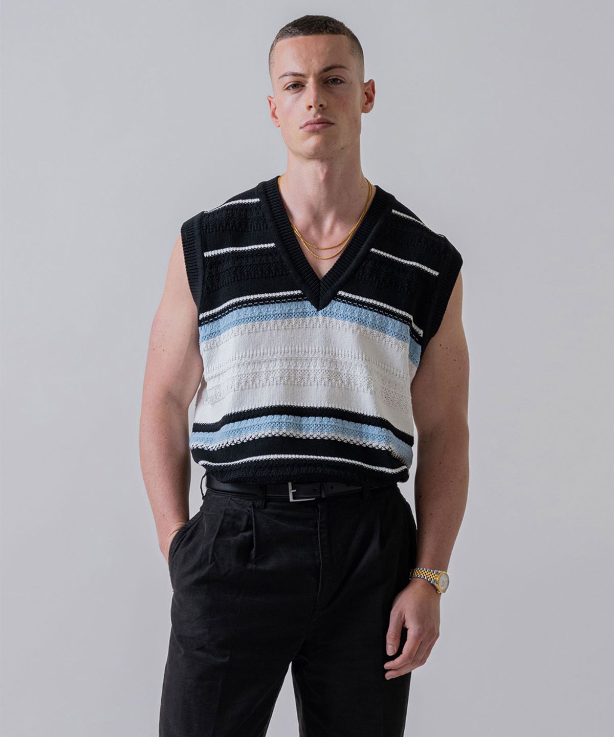 야이치(YAITCH) Striped Jacquard Knit Vest - Jet Black