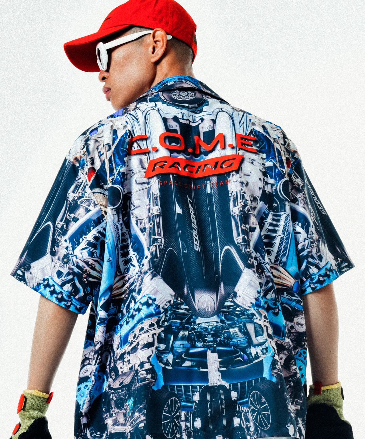 씨오엠이(COME) [UNISEX] Automobile Parts Camp-Collar Printed Shirt (Blue)