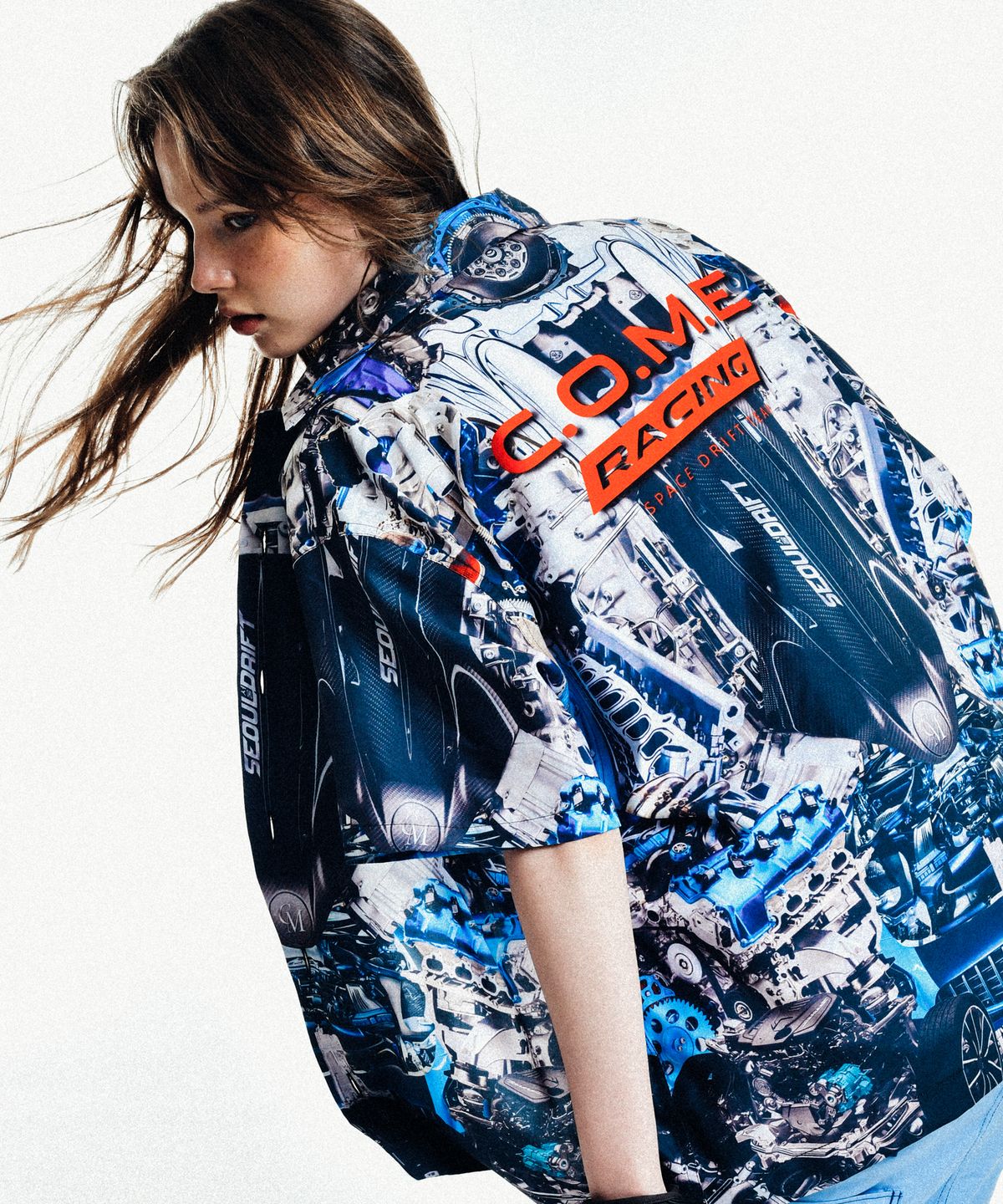 씨오엠이(COME) [UNISEX] Automobile Parts Camp-Collar Printed Shirt (Blue)