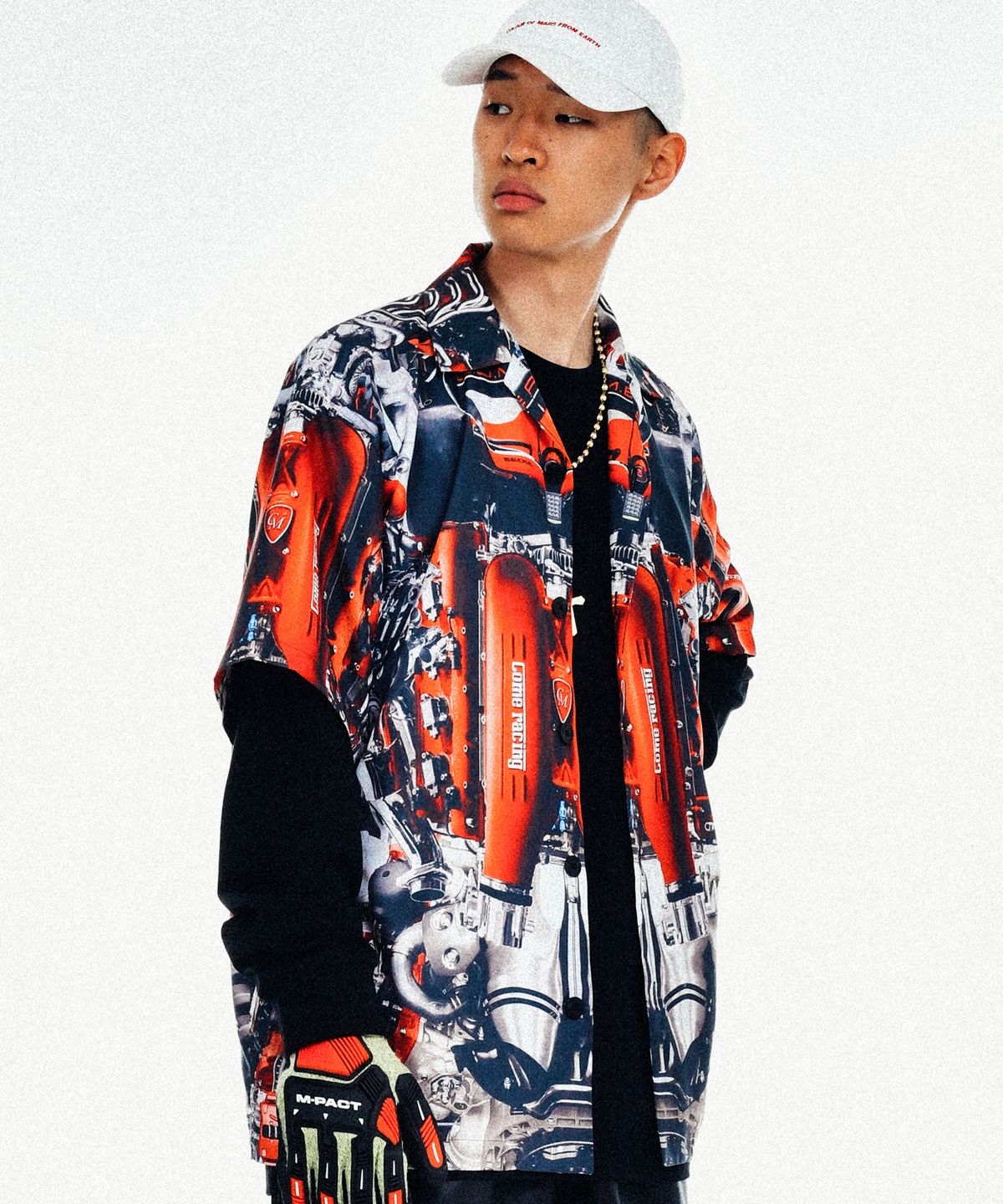씨오엠이(COME) [UNISEX] Automobile Parts Camp-Collar Printed Shirt (Red)