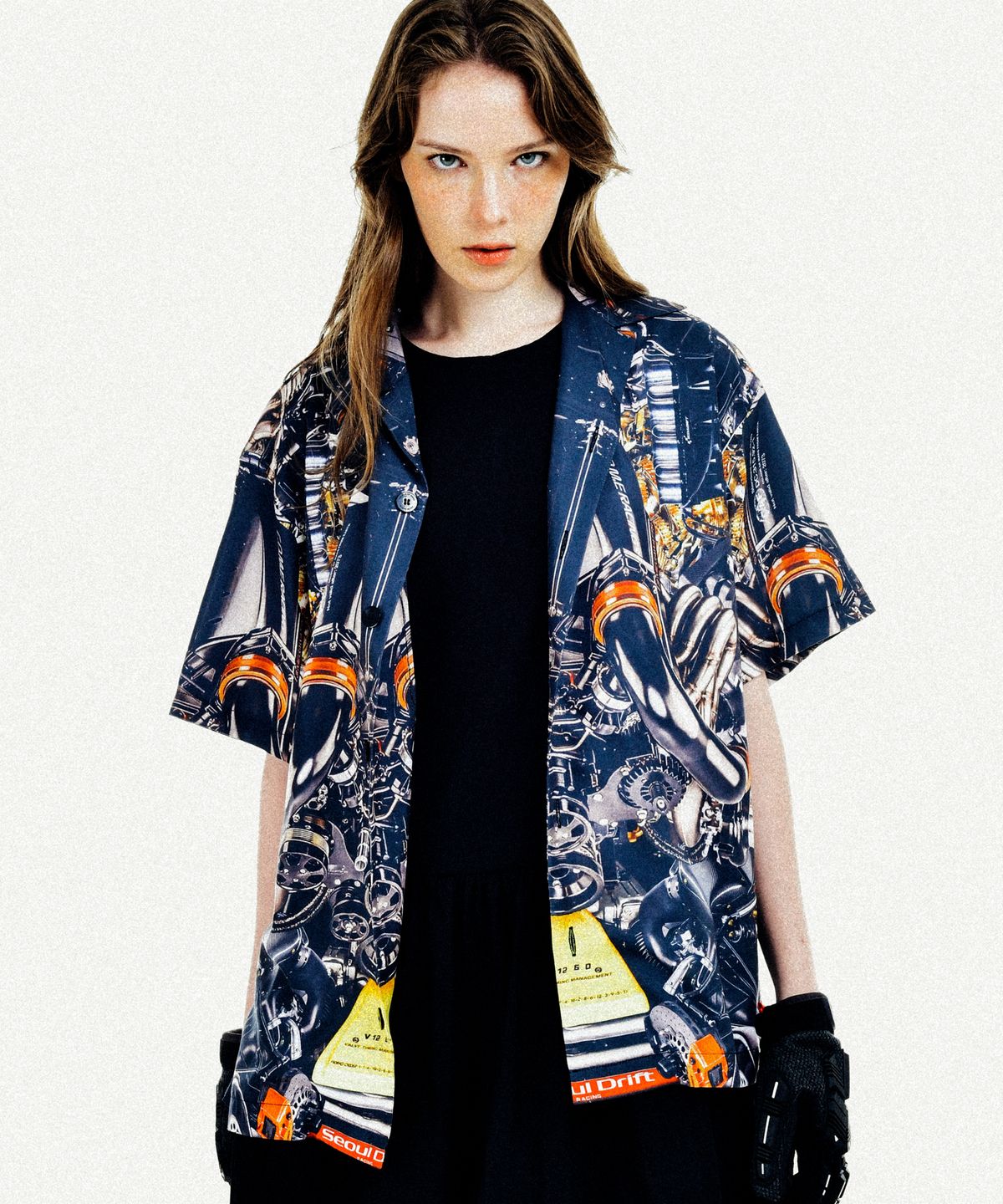 씨오엠이(COME) [UNISEX] Automobile Parts Camp-Collar Printed Shirt (Black)