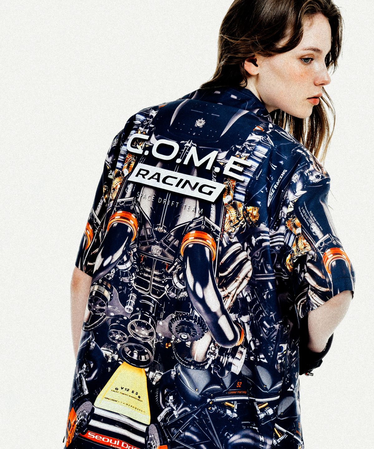 씨오엠이(COME) [UNISEX] Automobile Parts Camp-Collar Printed Shirt (Black)