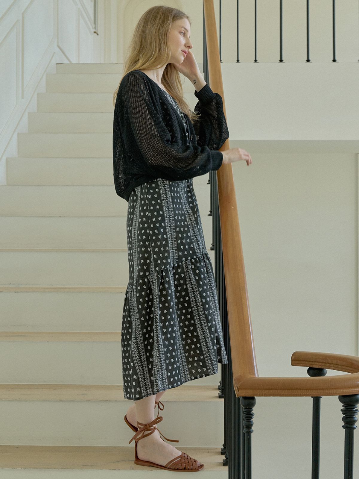 아방(AVANT-G) Ethnic Pattern Ribbon Dress - BLACK